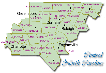Map of Central North Carolina showing counties with major cities Raleigh, Durham, Fayetteville, Greensboro, and Charlotte labeled.
