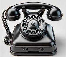 Black vintage rotary telephone with a coiled cord on a light background.